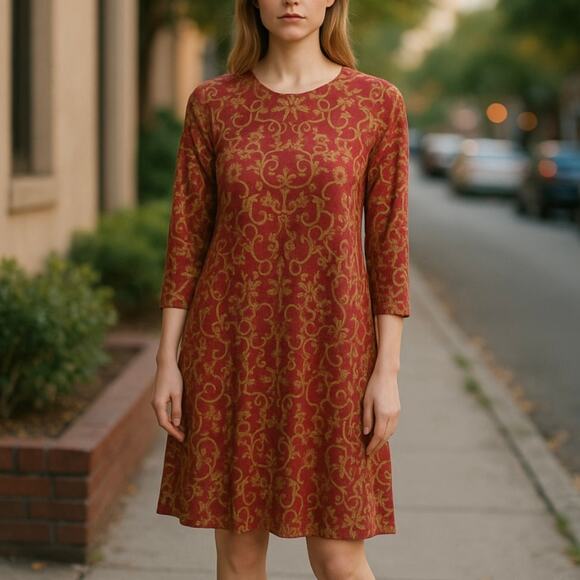 J. McLaughlin Red Devon Scroll Kaya 3/4 Sleeve Crew Neck Printed Swing Dress - Picture 1 of 9